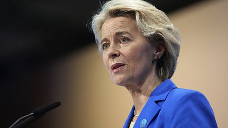 European Commission President Ursula von der Leyen speaks during the opening ceremony of the Ukraine recovery conference in Berlin, Germany, Tuesday, June 11, 2024