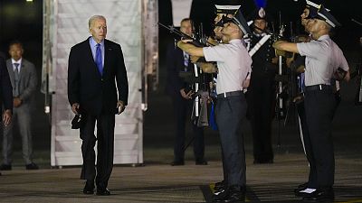 President Joe Biden leaves Air Force One as he arrives at Brindisi airport to take part in a G7 summit, 12 June 2024.
