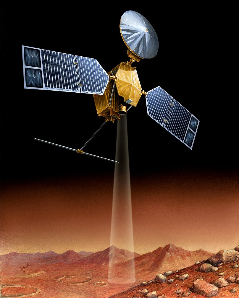 تصویر فرضی از دوربین «های‌رایز» نصب شده بر روی مدارگرد مریخ در حال تصویربرداری از سیاره سرخ