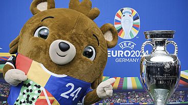 Tournament mascot 'Albaert' poses for the media during the presentation of the European championship 'EURO 2024' trophy at the Olympic Stadium in Berlin