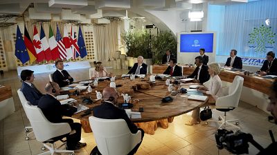 G7 leaders participate in a working session at the summit in Puglia, Italy.