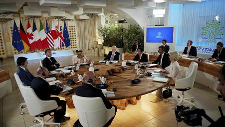 G7 leaders participate in a working session at the summit in Puglia, Italy.