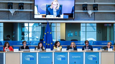 MEPs during an economic dialogue with Nadia Calviño, EIB president.