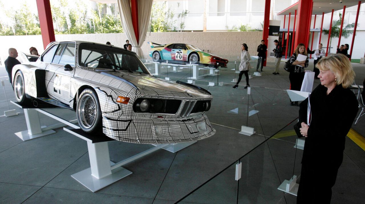 The BMW art car designed by Frank Stella on display at the Los Angeles Contemporary Museum of Art (LACMA). 