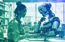 Un androide con IA trabaja junto a un humano. Ilustración