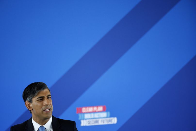 Britain's Prime Minister and Conservative Party leader, Rishi Sunak, delivers a speech to launch the Conservatives' general election manifesto.