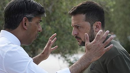 Britain's Prime Minister Rishi Sunak meets with Ukraine President Volodymyr Zelenskyy on the first day of a G7 world leaders summit, at Borgo Egnazia, 13 June 2024
