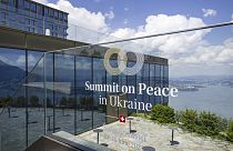 The logo of the peace summit is pictured in Buergenstock, Switzerland, Thursday, June 13, 2024. 