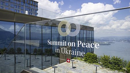The logo of the peace summit is pictured in Buergenstock, Switzerland, Thursday, June 13, 2024. 