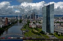 Clouds cover the sky over the banking district with the European Central Bank, in Frankfurt, Germany, 