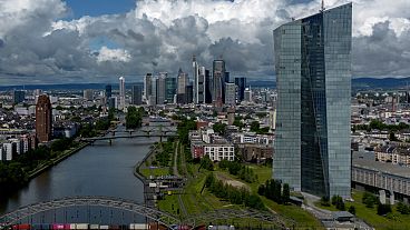 Clouds cover the sky over the banking district with the European Central Bank, in Frankfurt, Germany, 