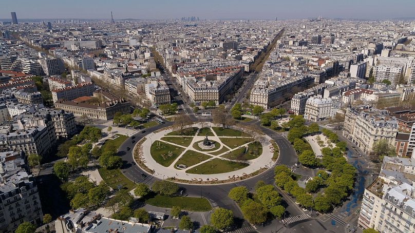 Place de la Nation - looking empty during April 2020, but with more greenery en route to becoming an urban 'garden'.