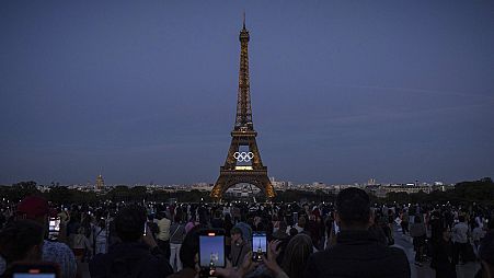 The Olympic rings are seen on the Eiffel Tower Friday, June 7, 2024, in Paris. 