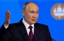 Russian President Vladimir Putin addresses a plenary session of the St. Petersburg International Economic Forum in St. Petersburg, Russia, on Friday, June 7, 2024. 