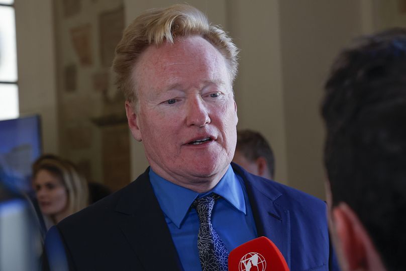 Conan O'Brien is interviewed after an audience with Pope Francis 