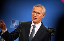 NATO Secretary General Jens Stoltenberg addresses a media conference after a meeting of NATO defence ministers at NATO headquarters in Brussels, Friday, June 14, 2024.