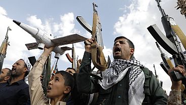 Houthi supporters attend anti-Israel and anti-U.S. protests in Sanaa, Yemen, Friday, June 14, 2024. 