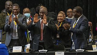 South African président Cyril Ramaphosa reacts after being reelected as leader of the country in Cape Town, South Africa, Friday, June 14, 2024.