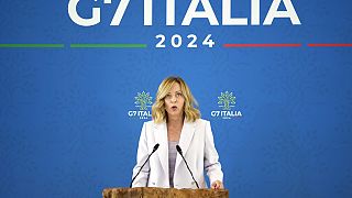 Le Premier ministre italien Giorgia Meloni s'exprime lors de la conférence de presse finale du G7 à Borgo Egnazia, près de Bari, dans le sud de l'Italie, le samedi 15 juin 2024.