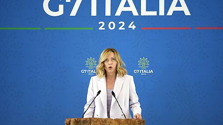Le Premier ministre italien Giorgia Meloni s'exprime lors de la conférence de presse finale du G7 à Borgo Egnazia, près de Bari, dans le sud de l'Italie, le samedi 15 juin 2024.