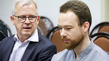  Head of Mission of the Embassy of Sweden in Tehran Lars Ronnås with Swedish citizen Johan Floderus in a courtroom at the Revolutionary Court in Tehran, Iran. Dec. 20, 2023