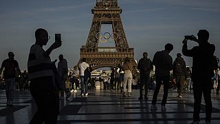 FILE - The Olympic rings on the Eiffel Tower Friday, June 7, 2024 in Paris