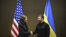 US Vice President Kamala Harris, left, shakes hands with Ukraine's President Volodymyr Zelenskyy during the Summit on peace in Ukraine, in  Switzerland. June 15, 2024.