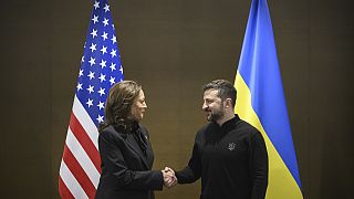 US Vice President Kamala Harris, left, shakes hands with Ukraine's President Volodymyr Zelenskyy during the Summit on peace in Ukraine, in  Switzerland. June 15, 2024.