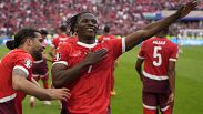 Switzerland's Breel Embolo celebrates after scoring his side's third goal during a Group A match between Hungary and Switzerland in Cologne, June 15, 2024