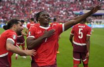 Switzerland's Breel Embolo celebrates after scoring his side's third goal during a Group A match between Hungary and Switzerland in Cologne, June 15, 2024