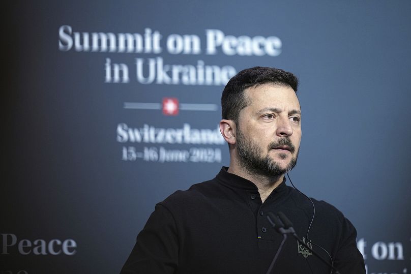 Ukraine's President Volodymyr Zelenskyy attends a news conference as part of the Ukraine peace summit in Switzerland, June 15, 2024