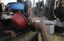 Ein palästinensisches Mädchen vor dem bevorstehenden Eid al-Adha-Fest in Khan Younis im Gazastreifen Lebensmittel sammelt, Samstag, 15. Juni 2024.