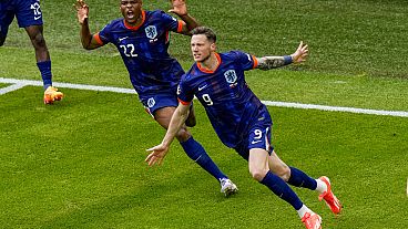 Wout Weghorst iz Nizozemske slavi svoj pogodak sa svojim suigračima tijekom utakmice skupine D između Poljske i Nizozemske na Euru 2024. Nedjelja, 16. lipnja 2024.