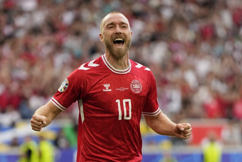 Denmark's Christian Eriksen celebrates after scoring the opening goal of the game during a Group C match between Slovenia and Denmark. Sunday, June 16. 2024.