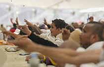 Muslim pilgrims cast stones at pillars in the symbolic stoning of the devil, the last rite of the annual hajj, in Mina, near city of Mecca, Saudi Arabia, June 16th 2024