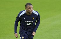France's Kylian Mbappe runs during a training session in Paderborn, Germany, Saturday, June 15, 2024. 