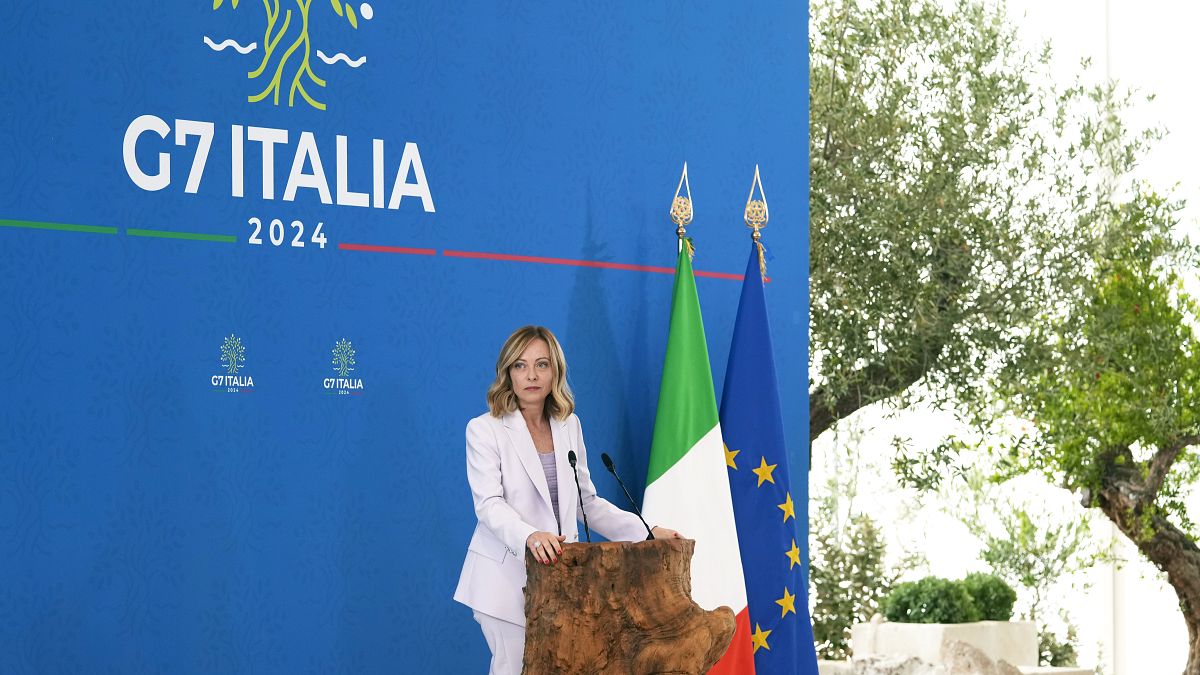 Джорджа Мелони на итоговой пресс-конференции в рамках G7, 15 июня 2024 года.
