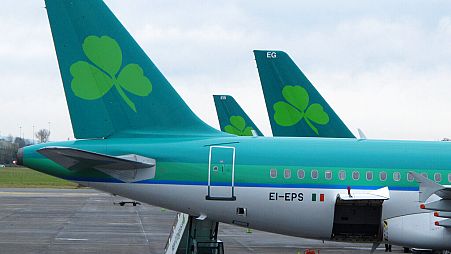 The shamrock logo of Ireland's Aer Lingus, adorns the tailfins of three Airbus A320 aircraft at Dublin Airport. Feb. 12, 2015.