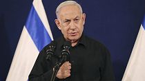 Israeli Prime Minister Benjamin Netanyahu speaks during a news conference in the Kirya military base in Tel Aviv, Israel