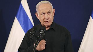 Israeli Prime Minister Benjamin Netanyahu speaks during a news conference in the Kirya military base in Tel Aviv, Israel
