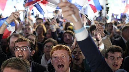 Supporters of French far-right National Rally react at the party election night headquarters, Sunday 9 June 2024