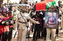 Pallbearers carry the coffin at the burial service for Malawi's Vice President Saulos Chilima in Nsipe, Malawi, Monday, June 17, 2024.
