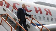 Russian President Vladimir Putin goes down the stairs upon his arrival at the airport of Yakutsk, republic of Sakha also known as Yakutia, 18 June 2024