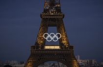 Olympic rings are seen on the Eiffel Tower Friday, June 7, 2024, in Paris. (AP Photo/Aurelien Morissard)