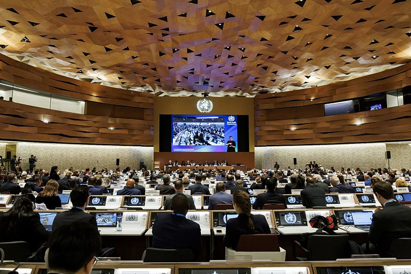 A general view during the opening of the 77th World Health Assembly (WHA77) at the European headquarters of the United Nations in Geneva, Switzerland.