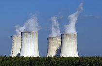 Four of the cooling towers of the Dukovany nuclear power plant rise high above the natural surroundings of Dukovany, Czech Republic.