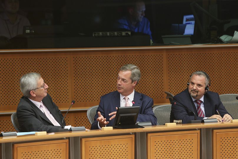 UKIP's Nigel Farage and Five Star David Borrelli grilling the then Commission president Jean-Claude Juncker on behalf of their now defunct EFDD group.
