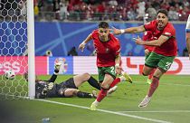 Portugal's Francisco Conceicao, centre, celebrates his side's second goal during a Group F match between Portugal and Czech Republic