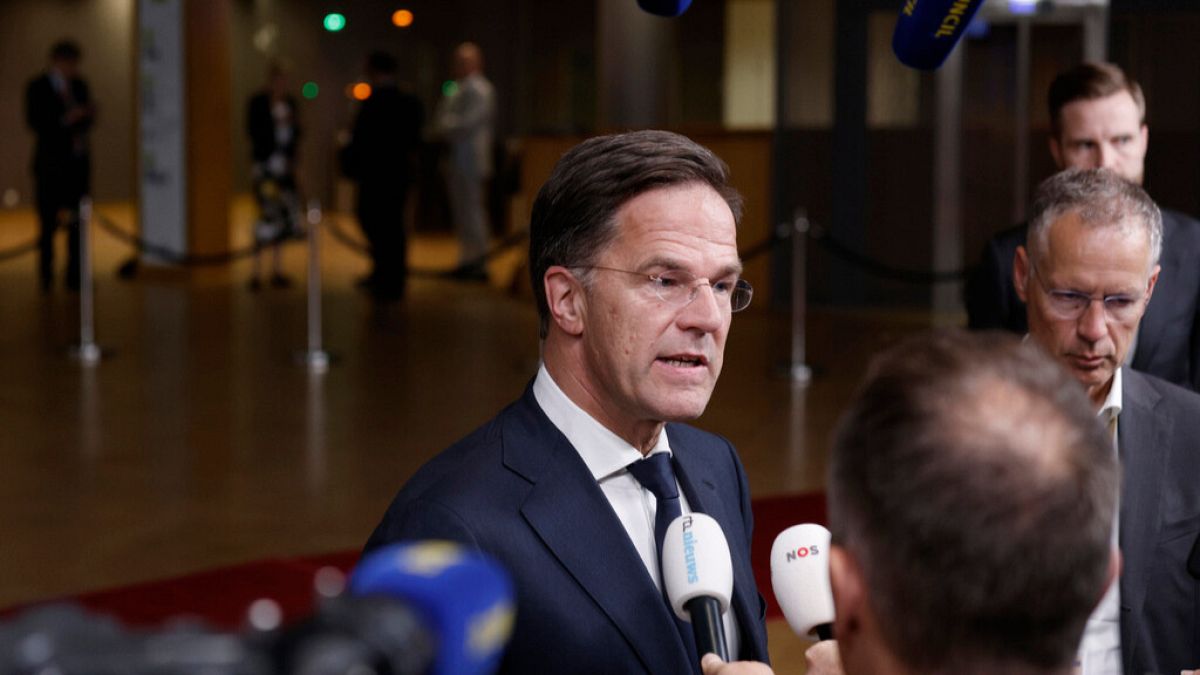 Netherland's Prime Minister Mark Rutte addresses the media at the end of an EU summit in Brussels, early Tuesday, June 18, 2024.