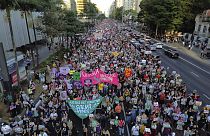Abortion rights activists march against an anti-abortion congressional bill, along Paulista Avenue in Sao Paulo, Saturday, June 15, 2024.